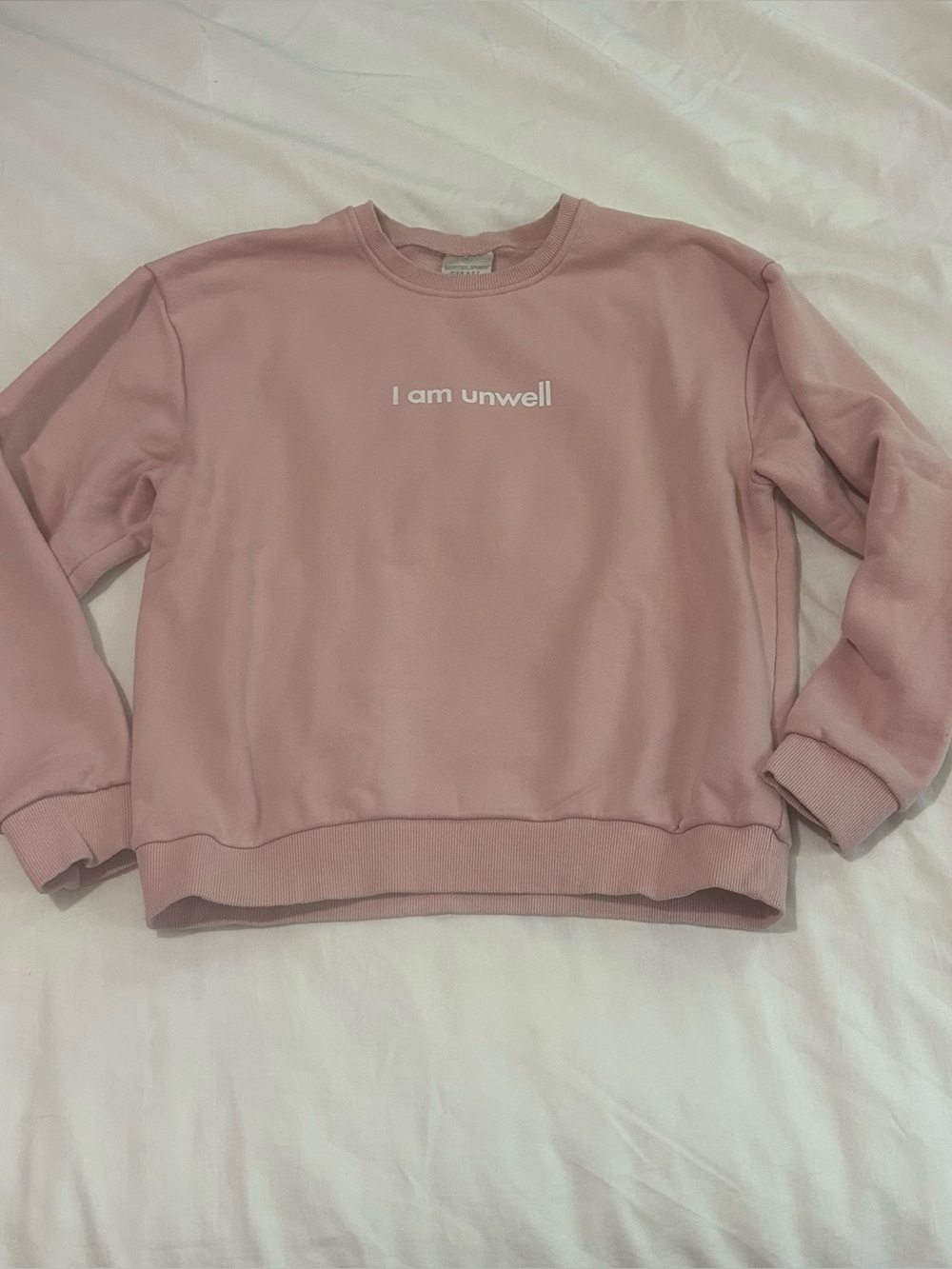 Pink Crewneck Sweater with 'I am unwell' Chest Print